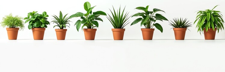 Fototapeta premium Indoor plants on white background. Green houseplants in clay pots. Set of various potted flora, succulent herbs for home decor, office interior. Isolated cut-out elements for eco-friendly design.
