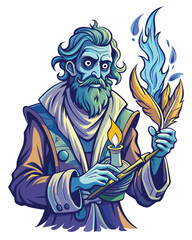 An elderly philosopher, haunted eyes, ink-stained fingers, quill pen, aged parchment, dimly lit study, gothic setting, mysterious aura.