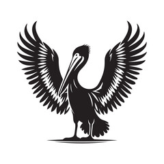 Pelican with its wings half open Silhouette Vector Illustration, Solid White Background.