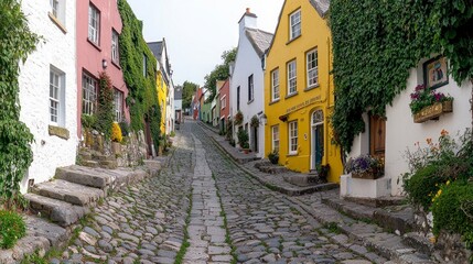 Obraz premium Charming Cobblestone Street Colorful Houses Irish Town Hilly Lane Picturesque Village