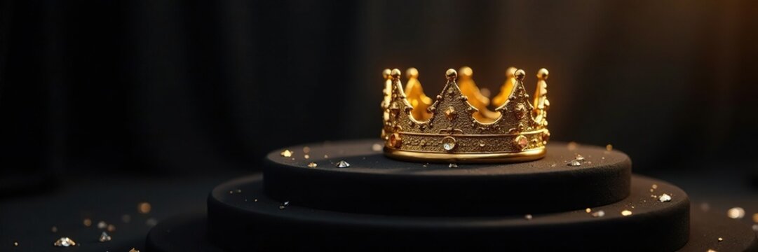 Golden crown on a black velvet-covered podium with sparkling diamonds, golden accents, , golden crown