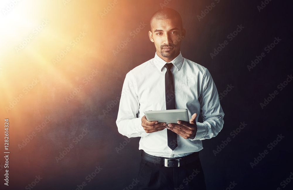 Poster portrait, studio and businessman with tablet for finance news and budget planning on dark background