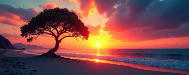 Lone tree silhouette against vibrant sunset beach, photography, isolated tree