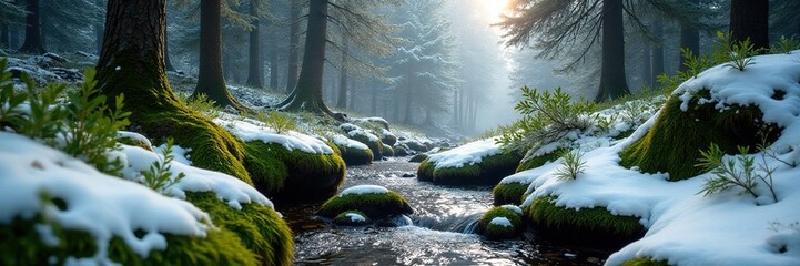 Moss-covered rocks and trees in a snowy forest, rocks, peaceful, evergreen