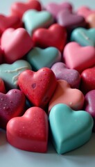 Pile of heart chocolates, assorted colors, close-up , sweet treats, candy