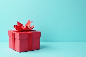 Open red gift box with red bow, pastel blue background Valentine's/birthday gift , copy space, happy