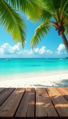 Relaxing tropical beach scene, empty wooden table , grain, vacation, blue