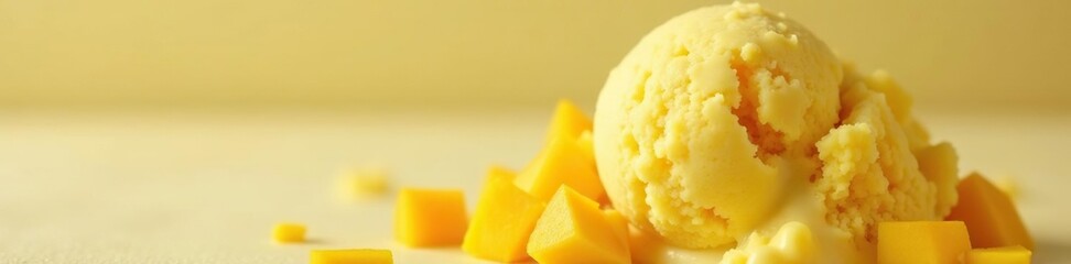 Scoop of creamy yellow ice cream with chopped mango pieces mixed in it, mango, indulgent
