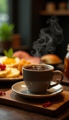 Steaming black coffee and abundant breakfast buffet items, hotel, plate, rich coffee