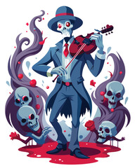 A spectral violinist, pale and gaunt, plays a decaying violin emanating eerie green light; haunted mansion backdrop.