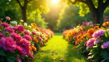 Sunlit garden overflowing with colorful blooms, vibrant, flowers