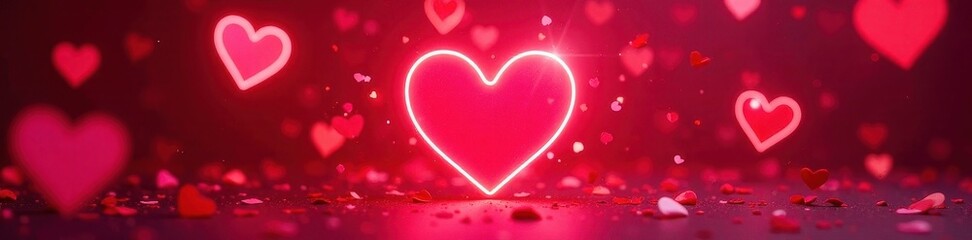 Vibrant neon hearts burst against a red background, festive confetti surrounds , graphic, abstract