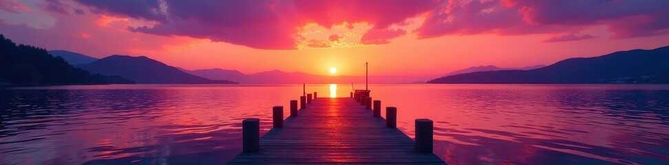 Sunset paints vibrant orange, pink, and purple across the dock and calm water , scene, colors