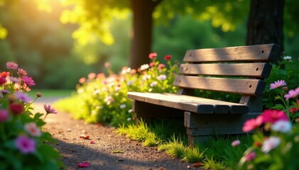 Wooden bench bathed in sunlight, colorful flowers surrounding , scene, rustic, cheerful
