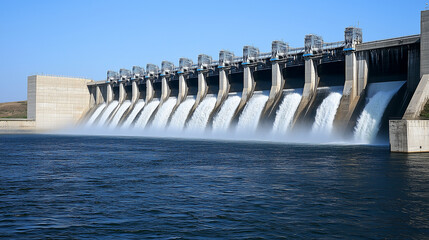 A modern hydroelectric dam with blue river water cascading down, creating a serene and powerful scene of renewable energy in action. Ideal for showcasing sustainable technology 