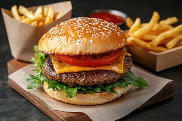A mouthwatering beef burger topped with melted cheese, fresh lettuce, and a toasted bun, capturing the essence of comfort food.