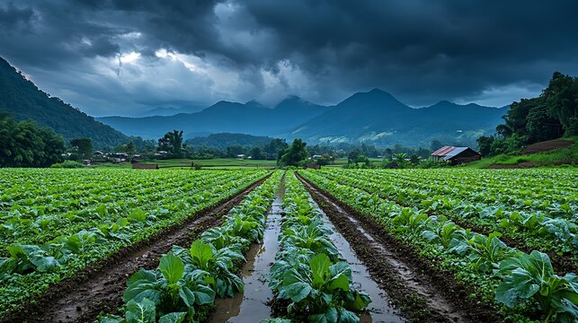 Rural farm field, rows of crops, stormy sky, mountains
