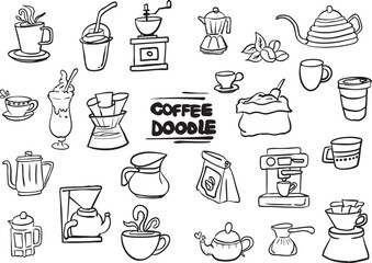 Adobe Illustrator Artwork, Hand-drawn coffee doodle set featuring various coffee-related elements such as coffee cups, espresso machines, coffee beans, mugs, teapots, and barista tools. 
