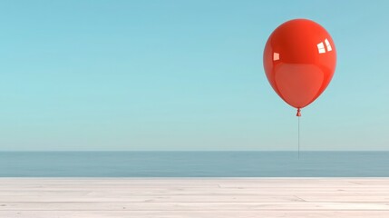 Red Balloon Floating Over Calm Ocean  Summer Day  Minimalist Scene