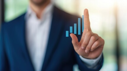 A businessman interacts with a digital graph, symbolizing growth and data analysis in a modern office setting.