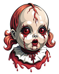 Render a horrifying close-up of a porcelain baby doll's head, partially melted, revealing grotesque detail.  Emphasis on texture and disturbing realism.