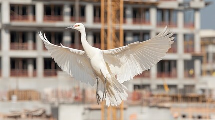 Majestic White Crane in Flight over Construction Site