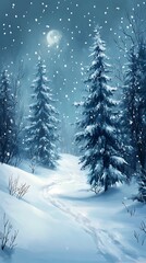 Fototapeta premium Snowy winter path under a moonlit sky