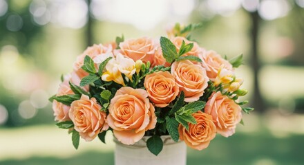 Obraz premium A beautiful blend of peach and mint flowers, perfect for a summer wedding theme.