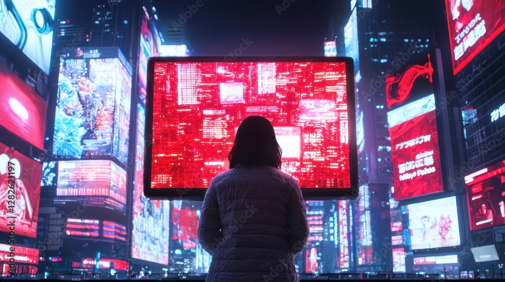 Poster a person stands in front of a large screen displaying red data against a backdrop of colorful digita