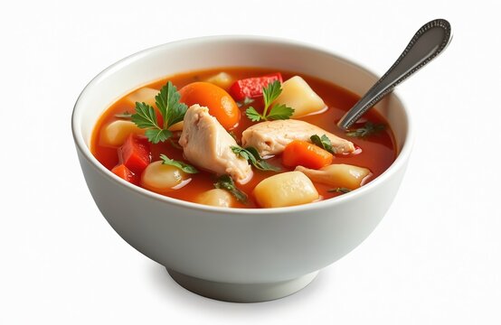 Sweet And Sour Soup With Chicken Served In White Bowl. Fresh Hot Lunch Consists Of Chicken, Carrots, Onion, Potatoes, Red Pepper, Parsley. Delicious Cooked Meal On Clear White Background.