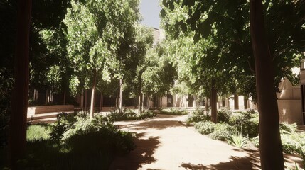 Sunlit Pathway Through A Tranquil Urban Courtyard Garden
