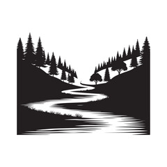 Fototapeta premium River running through trees Silhouette Vector Illustration, Solid White Background.