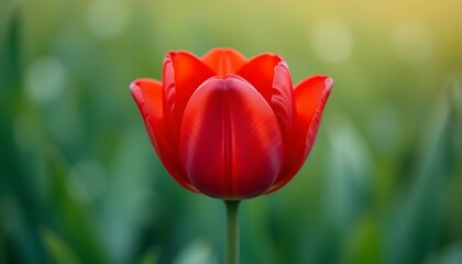 Vibrant Red Tulip Flower Blooming in a Lush Green Garden