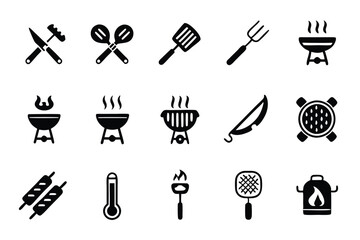 Create a vibrant icon pack depicting various BBQ and outdoor cooking tools, emphasizing a grilling theme.  Include detailed illustrations of tongs, spatulas, forks, and more.