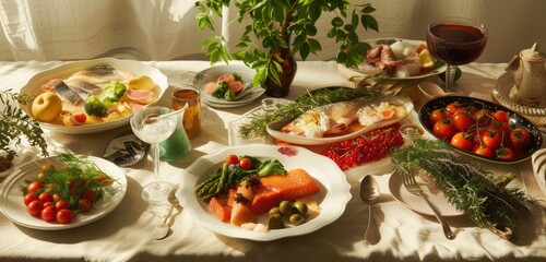 Elegant Still Life of Seafood Dinner with Wine