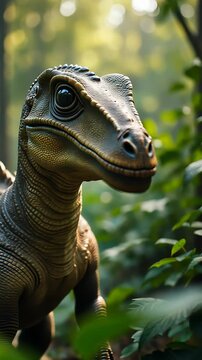 Dinosaur in lush forest.