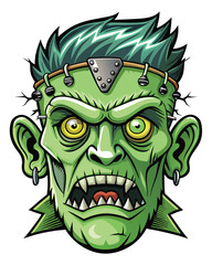 A stitched-together Frankenstein head, meticulously detailed, levitating slightly above a dark, shadowy ground.  Focus on the unsettling yet fascinating juxtaposition.