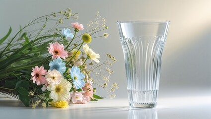 A sleek water glass with subtle reflections placed near a bouquet of wildflowers ,drink