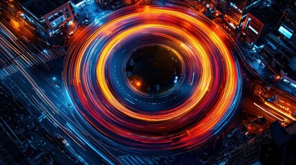 Cars circling around city roundabout at night with light trails for travel use