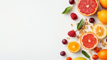 Colorful Citrus Fruits, Berries, and Granola on White Background