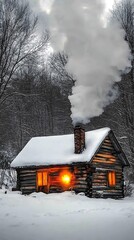 Snowy winter cabin with warm light, smoke rising, snowy forest background