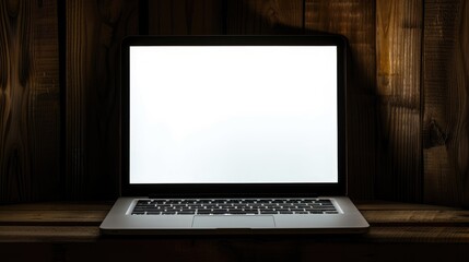 Laptop with Empty Screen on Wooden Background