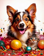 Happy cats and dogs in a Easter party with colorful  Easter eggs
