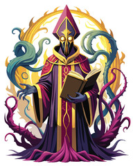 A terrifying, monstrous bishop, grotesquely deformed, clutching a gleaming golden book, emanating an aura of dark power.  Whence his authority?