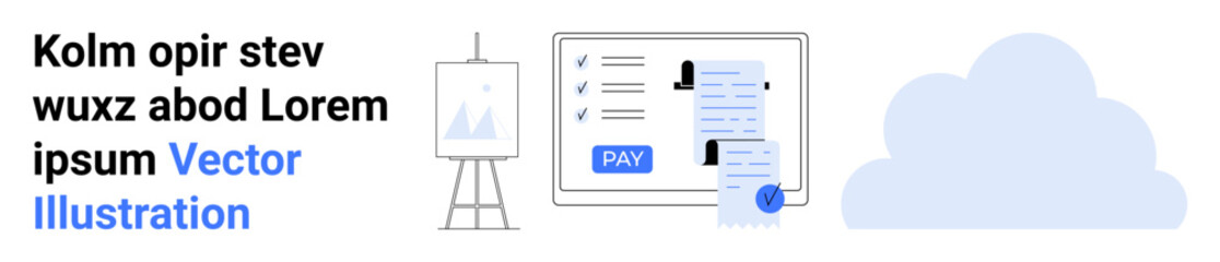 Cloud shape, payment button, data charts, checklist, and scroll receipt emphasize secure file storage, payments, digital workflows, data visualization, remote accessibility financial tools abstract
