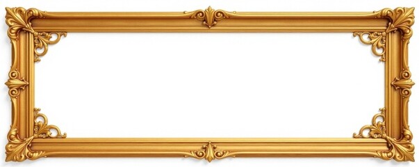 Ancient flat golden frame cutout; decorative element, isolated on white , template, line, empty