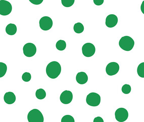 All over seamless repeat pattern with tossed kelly green hand drawn uneven polka dot on white. Versatile modern background with tossed dots for St Patricks Day, spring, garden packaging, fabric.