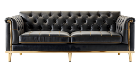 Elegance in Furnishing: A sophisticated, tufted black leather sofa with gold accents stands as a testament to luxury and refinement. this image focuses on textures, patterns.