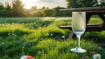 A tall water glass on a picnic table surrounded by fresh green grass and flowers.drinks 