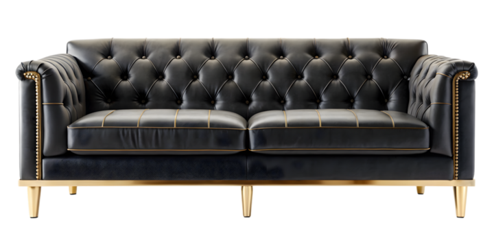 Elegance in Furnishing: A sophisticated, tufted black leather sofa with gold accents stands as a testament to luxury and refinement. this image focuses on textures, patterns.
